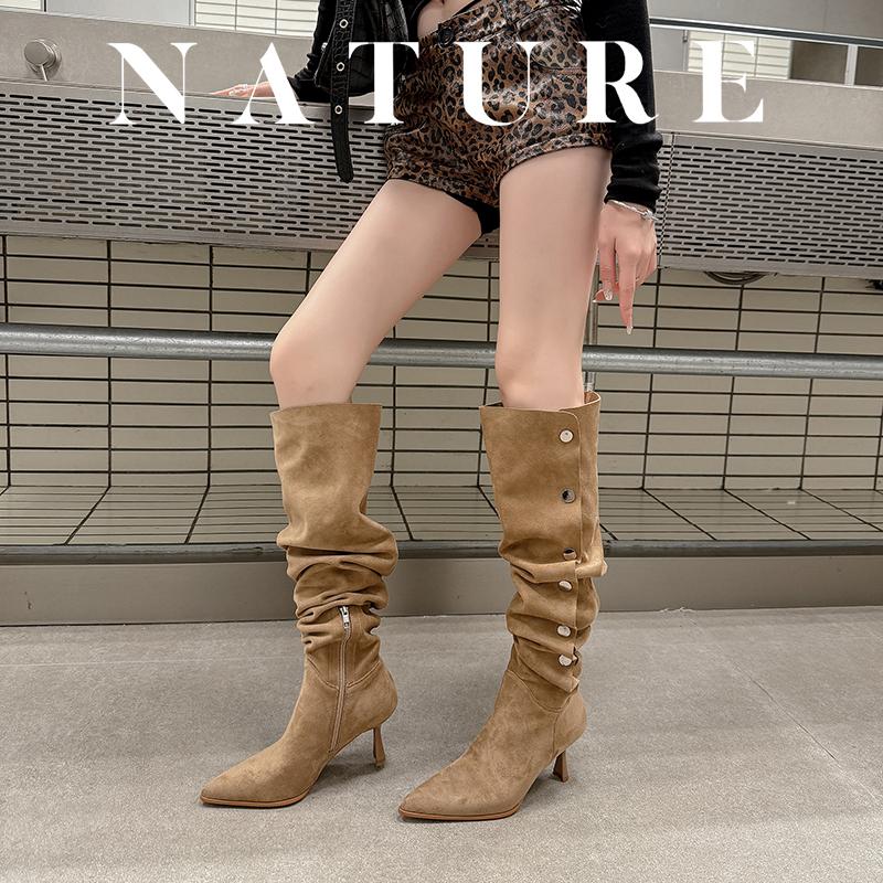 Fashion Autumn Winter Women Knee-high Boots 22-25cm Stretch Flannel Pointed Toe Side Zipper Rivet High Heel Pile Up Boots Long Boots