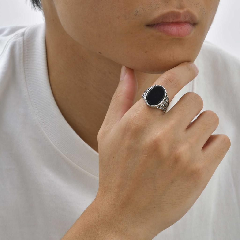Vintage Geometric Natural Stone Rings for Men Black Oval Onyx Stainless Steel Ring Textured Signet Fashion Punk Jewelry Gift