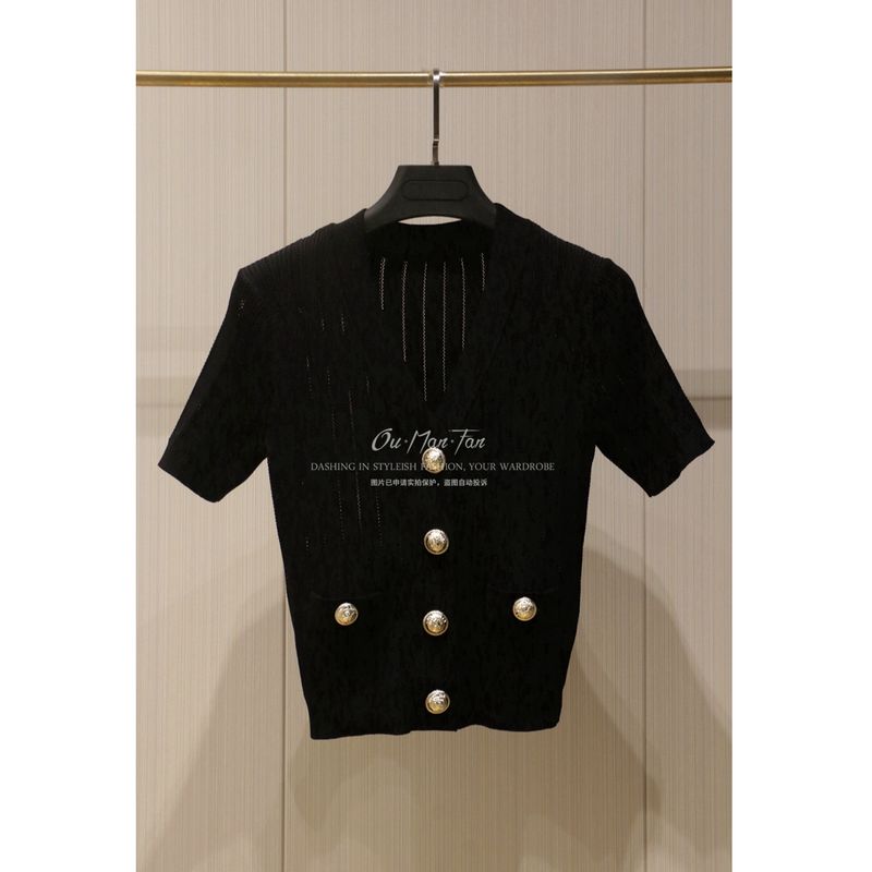 

Классический стиль V-образный вырез ледяной шелк футболка с коротким рукавом кардиган металлическая пряжка