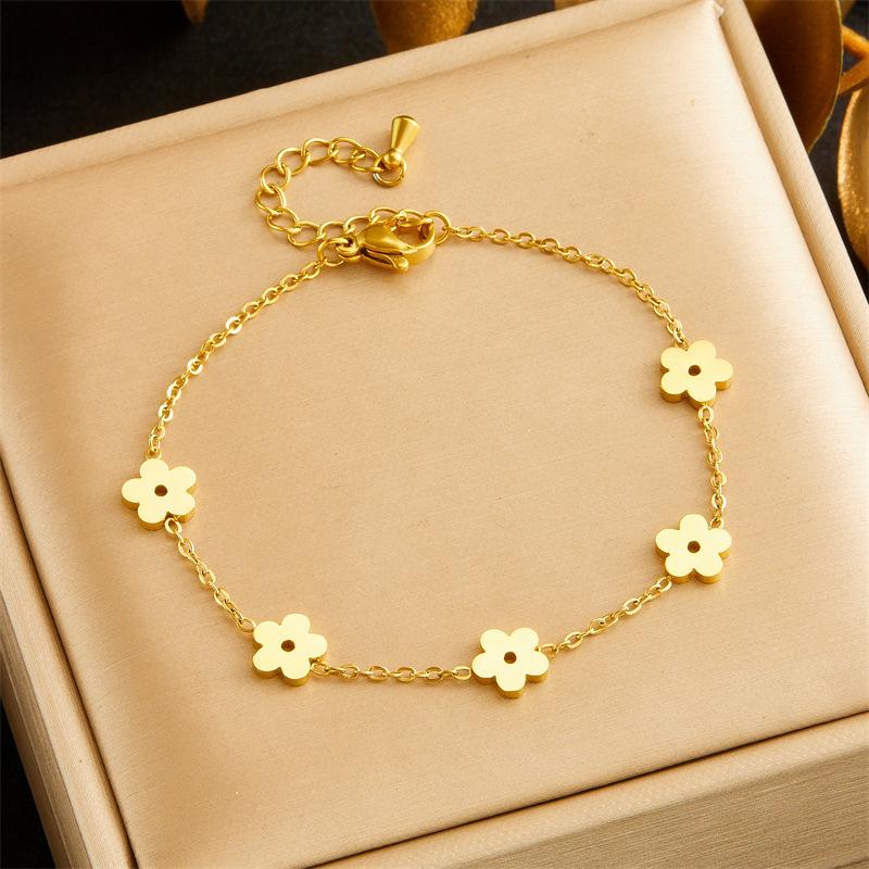 Gold Flower Charm Jewelry Set with Necklace Bracelet and Stud Earrings