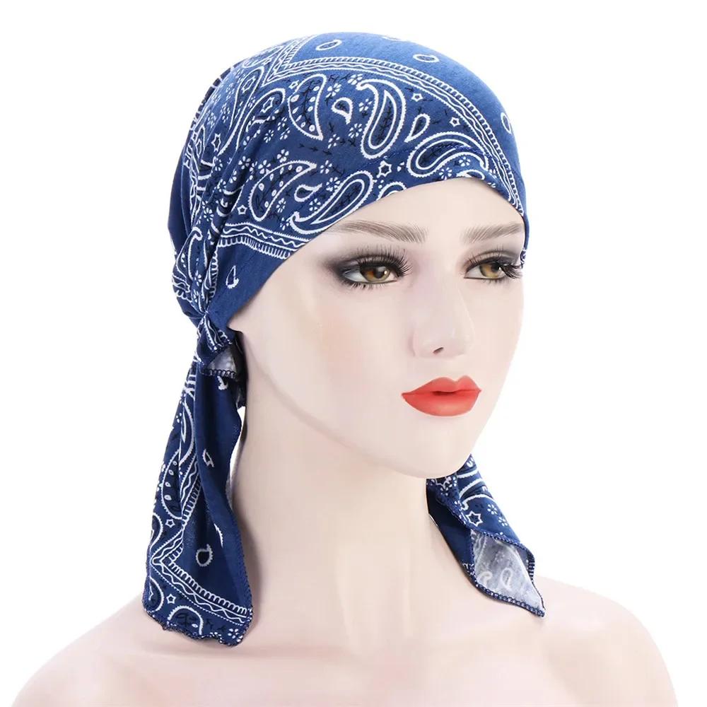 

Women Muslim Print Pre-Tied Hijab Chemo Cap Inner Hats Elastic Cancer Beanies Bandana Hair Loss Underscarf Headwrap Scarf Turban