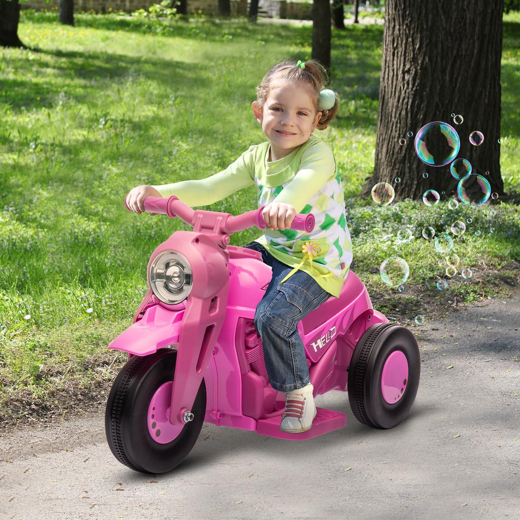 Electric Motorcycle Children 2-5 Years, 3 Wheels, 6 V, 3 Km/h, with Bubble Function, Light and Sound Effects, Pink