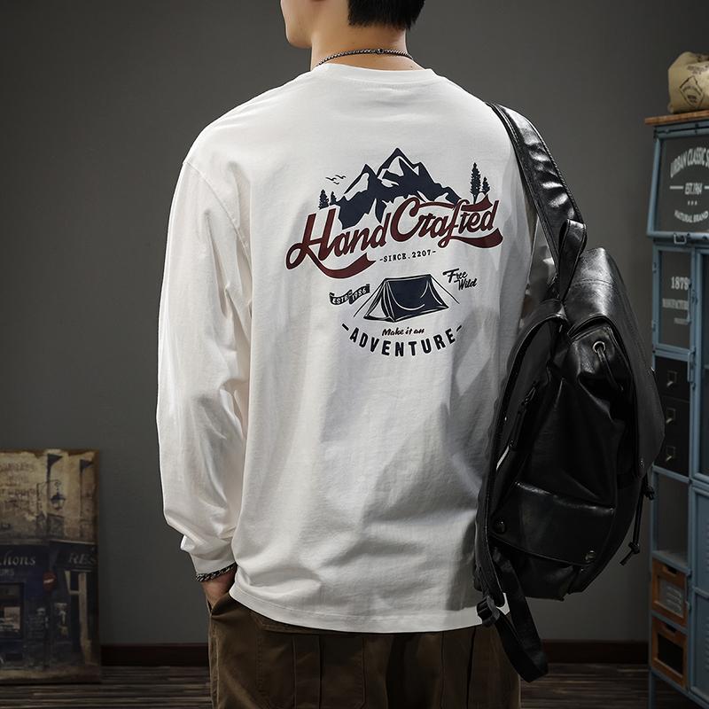 American Retro Outdoor Mountain Printing Long-Sleeved T-Shirt Men'S Autumn Pure Cotton Bottoming Shirt Loose Trendy Sweater