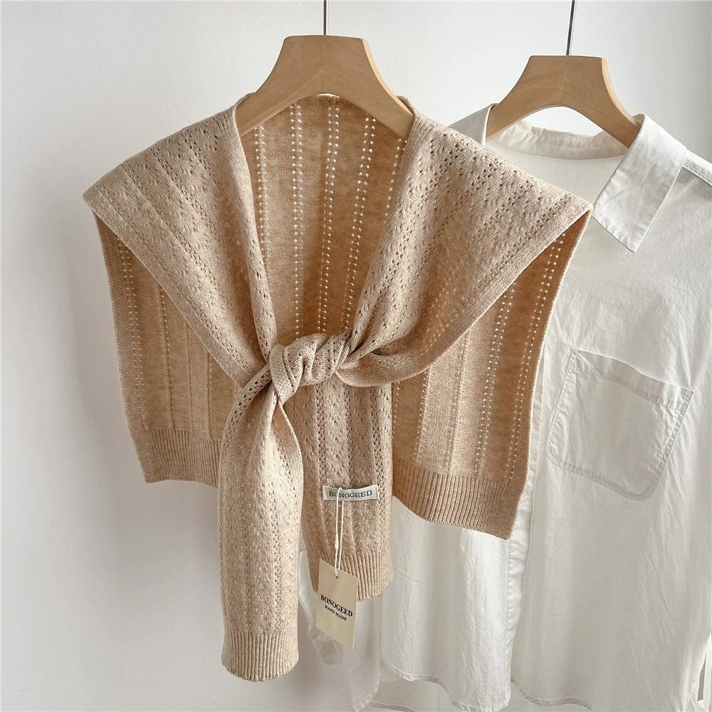 Korean Plain Basic Hollow Out Knitted Warm Shawl Winter Female Blouse Shoulders Fake Collar Cape Knotted Scarf Stripe Outerwear