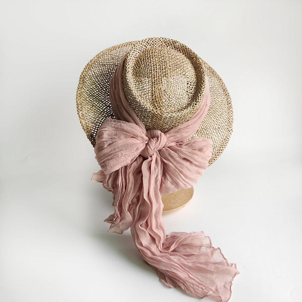 Women Raffia hat French style Summer Straw Sun Hat Women Wide Brim Beach Cap Breathable Hollow Holiday Panama hat Leather Bow