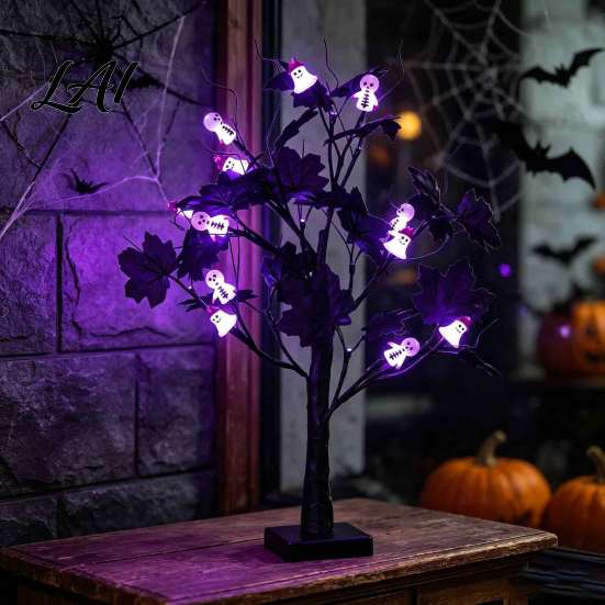 Harvest Festival Party Ornaments Halloween Maple Leaf Artificial Tree Light 12 LED Glowing Eyeballs/Ghost Battery Powered Seasonal Decorative