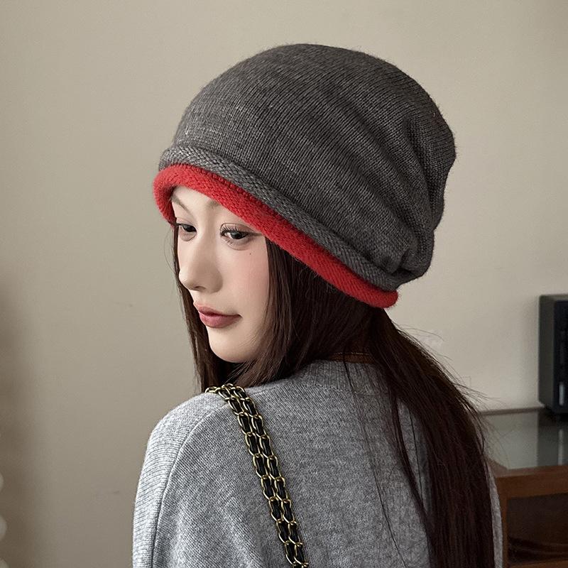 Wool Color blocked Rolled Edge Baotou Hat Autumn and Winter Ear Protection Cold Hat Large Head Circumference Versatile Pile Hat