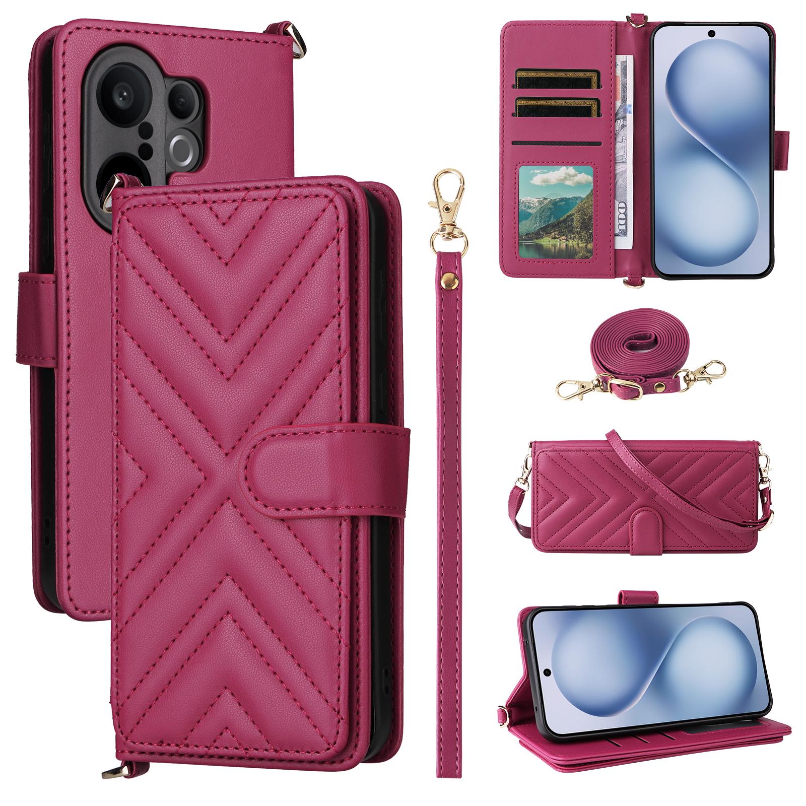 

For vivo X200 FE 5G/S30 Pro mini 5G Case with Shoulder/Wrist Strap Leather Phone Cover Stand Wallet Rose