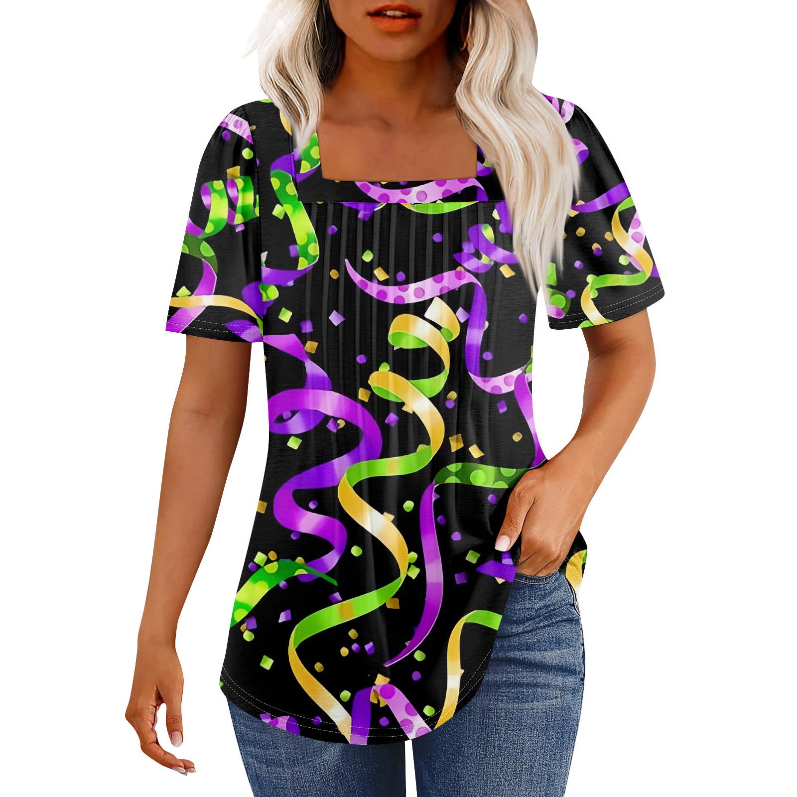 

Футболки для женщин, плиссированные, с квадратным вырезом, нарядные, повседневные, блузки с принтом, с коротким рукавом, летние топы свободного кроя S чёрный