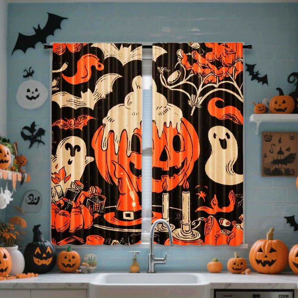 2PCS Halloween Curtains, Ghost Pumpkin Bat Black, Digital Print, Bedroom Living Room, Office, Polyester, Window Drapes
