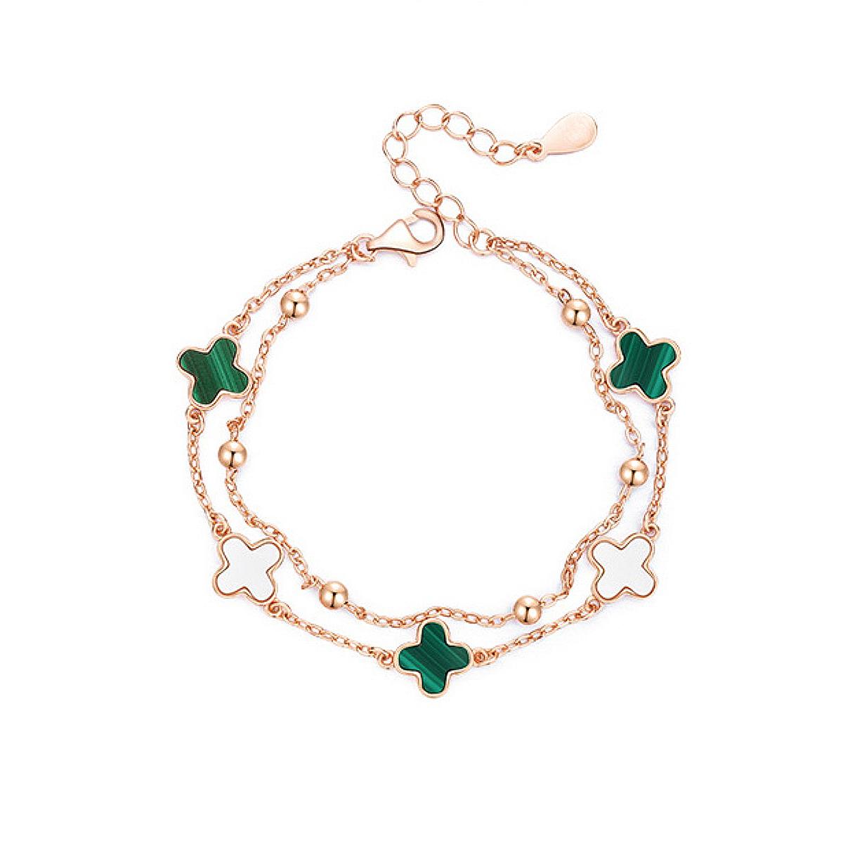 

Малахитовый зеленый четырехлистный клеверный двухслойный браслет для девочек, модные индивидуальные украшения Silver&Green