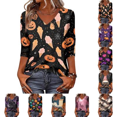 Women's Casual Halloween Print V Neck Three Quarter Sleeve Top Lightweight Soft Fabric Stylish Fit Comfortable Design