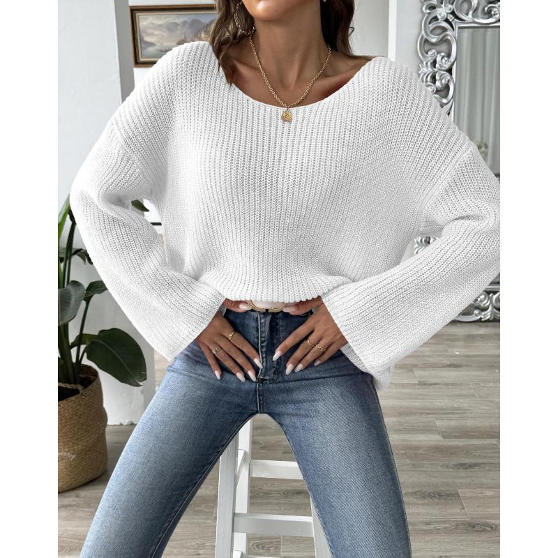 Women's Pullover Sweater Top Simple Loose Off-Shoulder Bell Sleeve Sweater