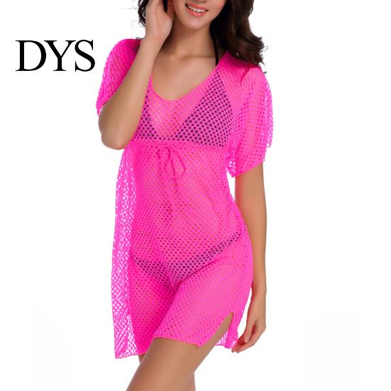 Sheer Swimsuit Cover Up, Drawstring Breathable Mesh Fabric, Short Sleeve Beachwear with Adjustable Waist Side Slit Design, Beach Dress for Summer