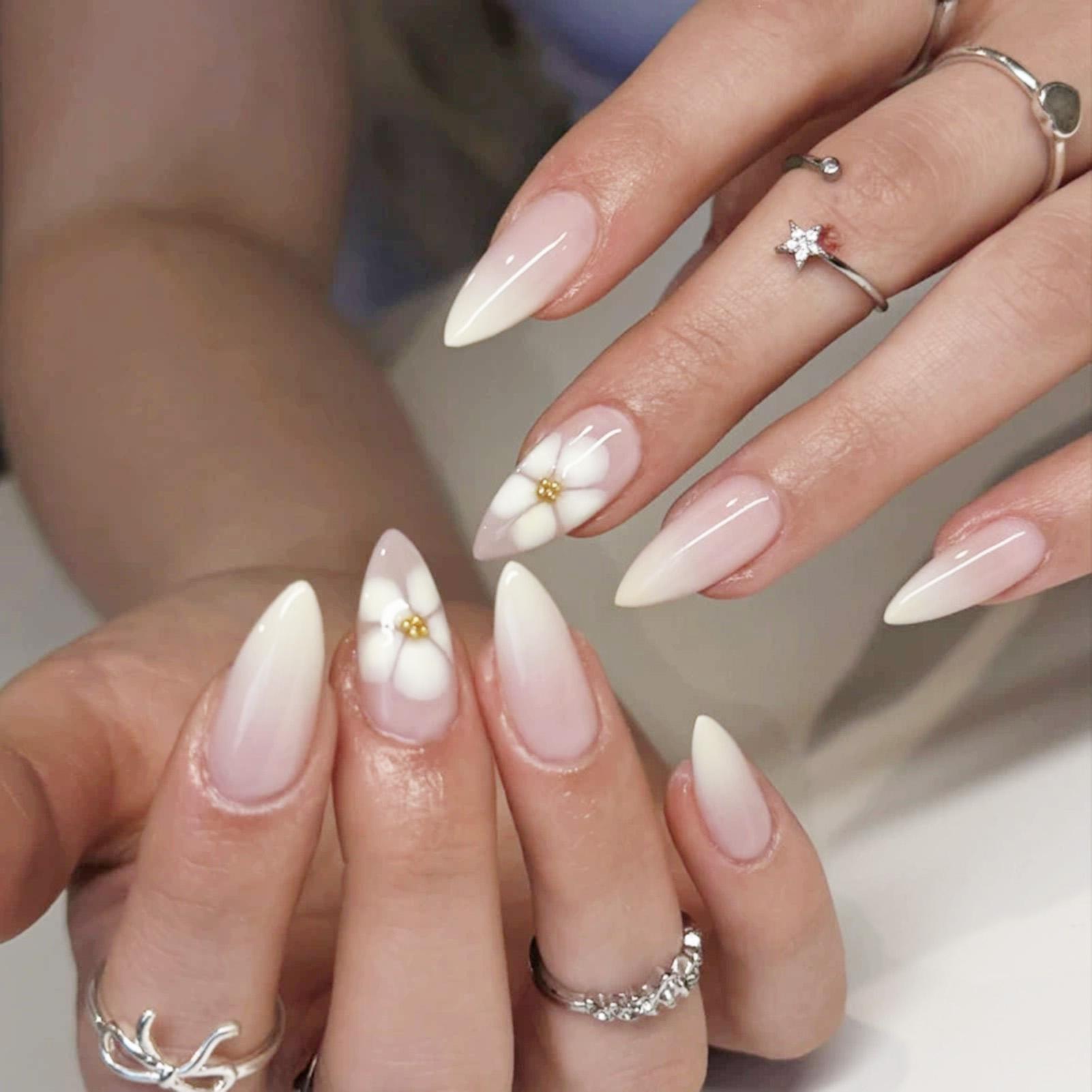 24Pcs Almond Shape Fake Nails With White Floral Design Simple French Style Press On Nails For Women Daily Wear And Party Use JP3943 розовый