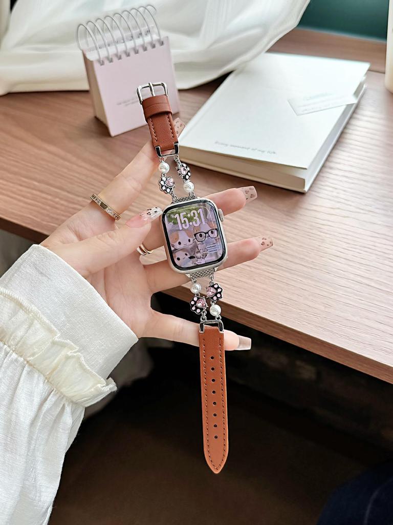Cat Paw Pearl Leather Strap for Apple Watch Series 11, Xiaomi Band 8/9/10, Huawei Fit.