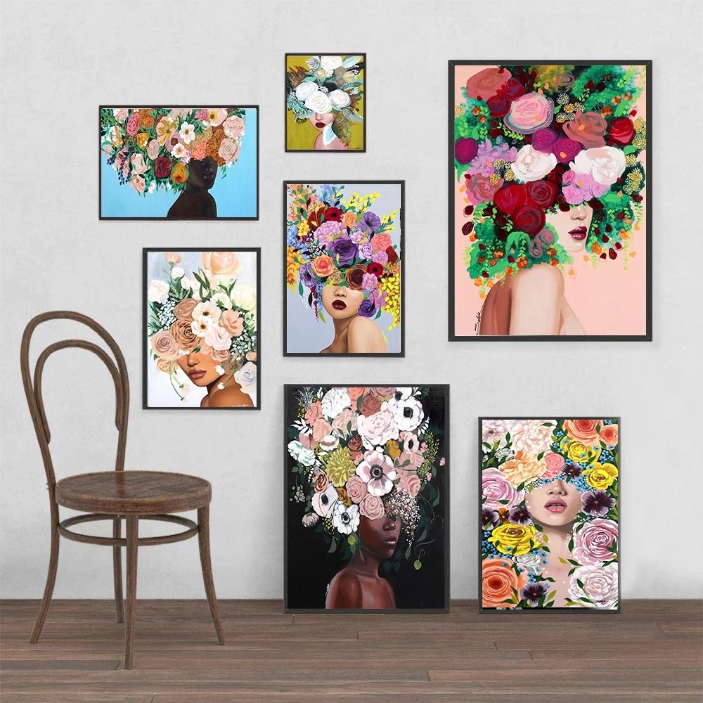 Moda damska głowa kwiatowa ściana plakaty artystyczne abstrakcyjne wydruki artystyczne seksowne dziewczyny płótno malarstwo nowoczesne zdjęcia salon Home Decor