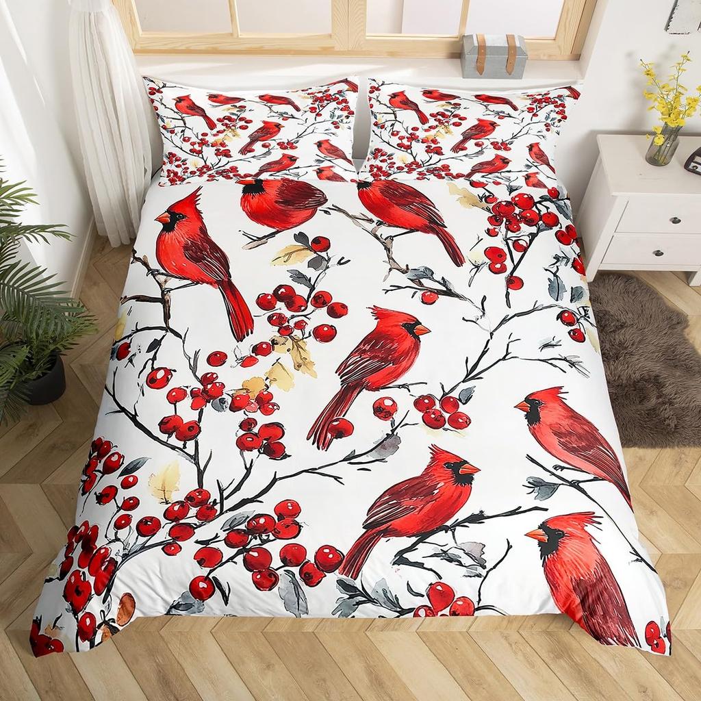 Roter Kardinal Bettbezug-Set Für Kinder Teenager Queen King Leichte Tagesdecke Tier Muster Bettwäsche-Set Schlafzimmer Dekor Ohne Bettdecke
