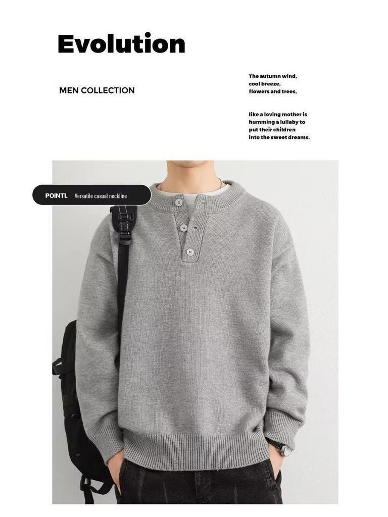 2025 Men's High-Quality Solid Color Retro Henley Knitwear for Autumn/Winter