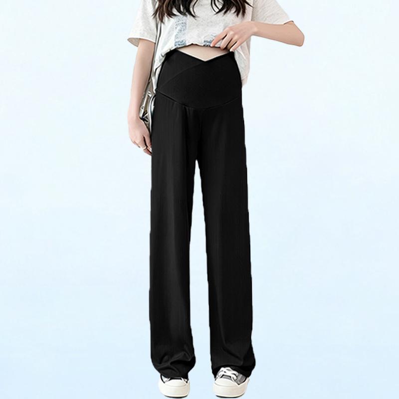 Plus Size Summer Maternity Ice Silk Wide-Leg Pants with Belly Support XL чёрный