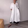 European & American Autumn Women's Cotton Linen Deep V-Neck Ruffled Casual Pocket Dress