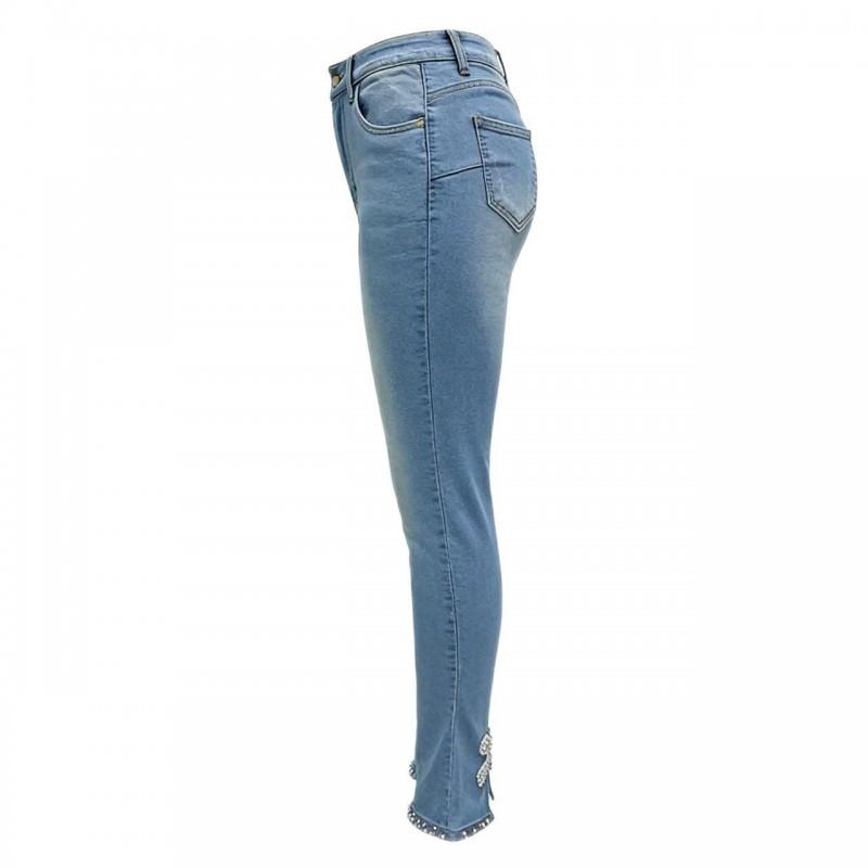 High Waist Slim Fit Denim Skinny Jeans With Bow Rhinestone Detail Women