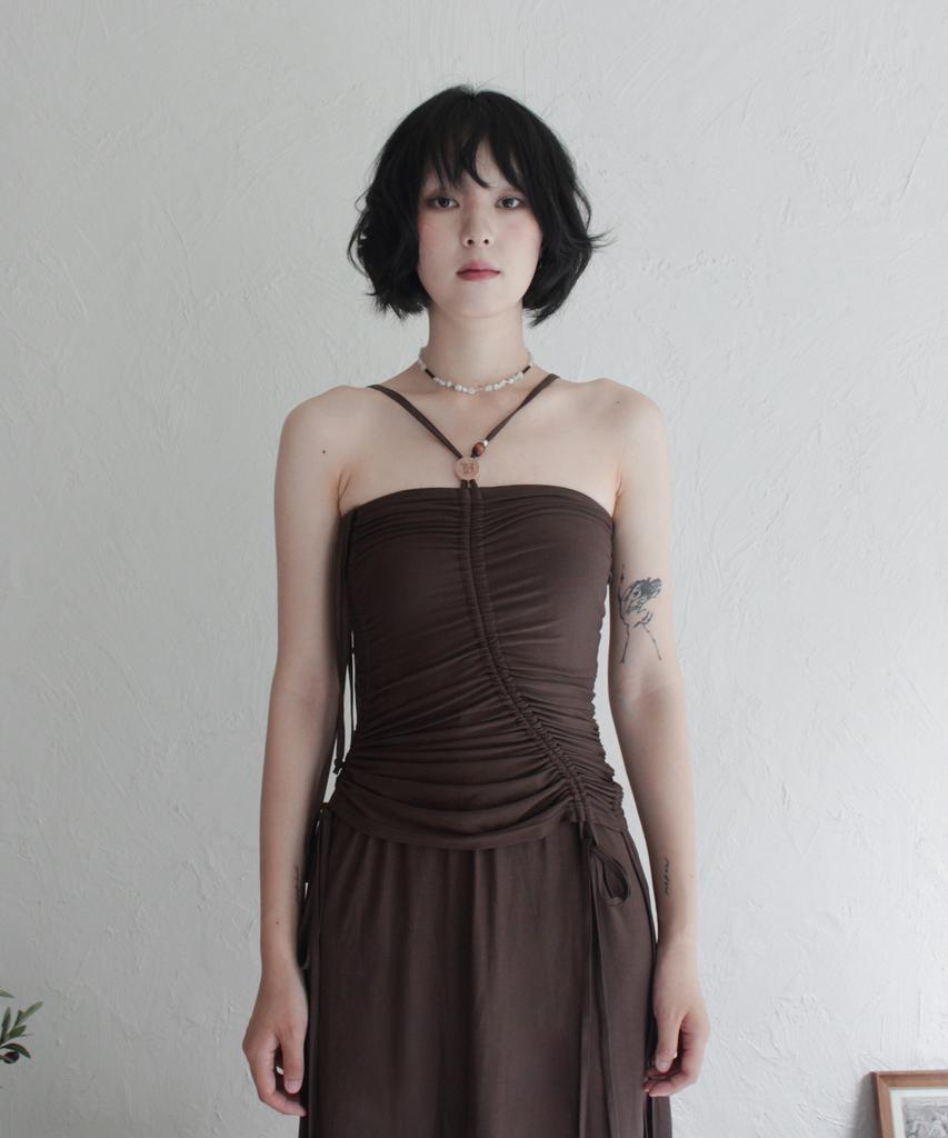 Rubati Shirred Strap Tube Top Dress_Brown