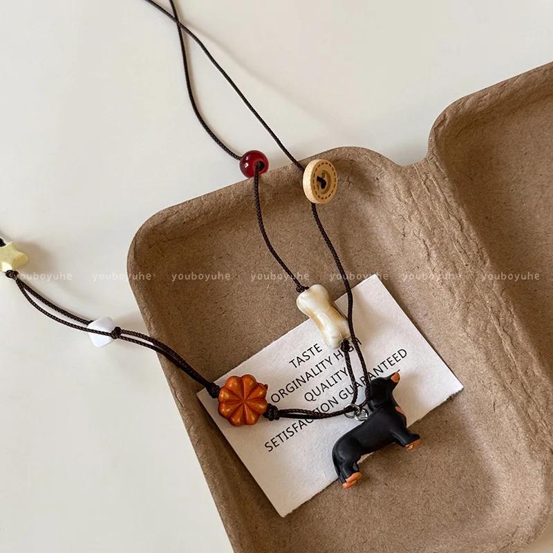 Süßer Stereo-Dackel Blume Schwarzes Seil Lange Halskette Ballonhund Anhänger Pulloverkette für Charm Design Schmuckzubehör Geschenk
