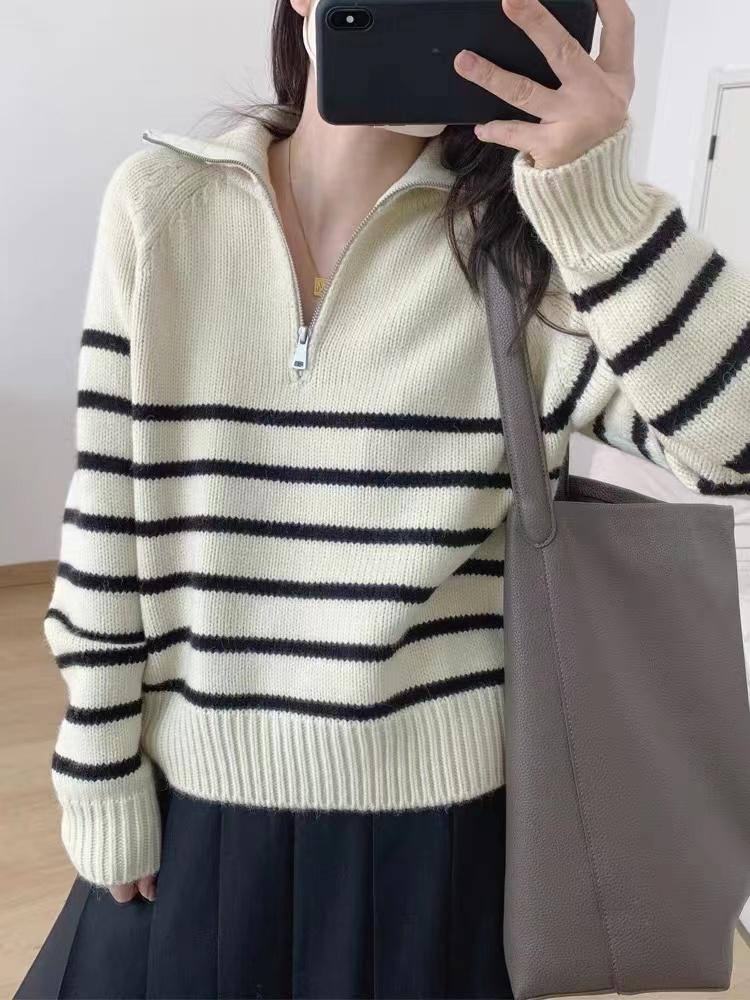 Women's College Style Striped Half-Zip Knitted Wool Cashmere Sweater, Loose Fit, Pullover