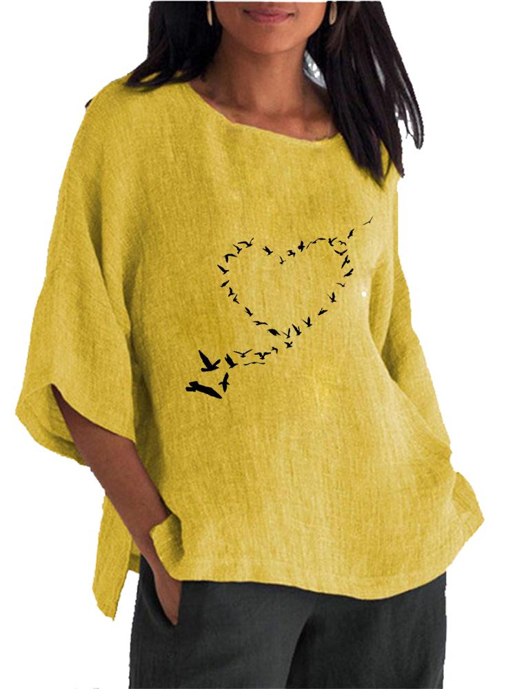 Women Fashion Cotton Linen Blouse Spring&summer 3/4 Long Sleeve Shirt Ladies Round Collar Pullover Loose Tops