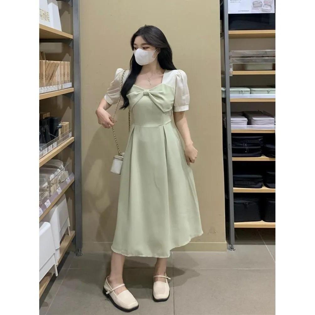 Plus Size Hepburn-style Dress, Summer New French Bow Patchwork with Plus-size A-line Mid-length Skirt