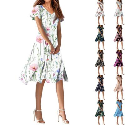 Women's Summer Casual Fashion Flower Print Dress V Neck Short Sleeve Short Skirt