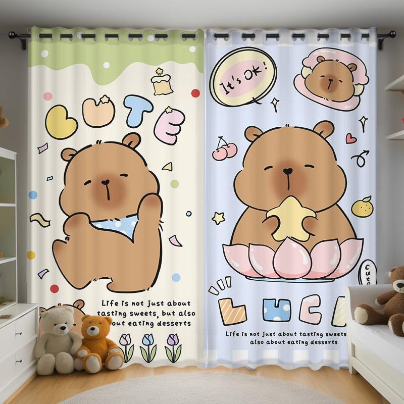 Christmas Kapibala Anime Living Room Bedroom Curtains For Living Room Perforated Dustproof Blackout Drapes Kitchen Cabinet  Home