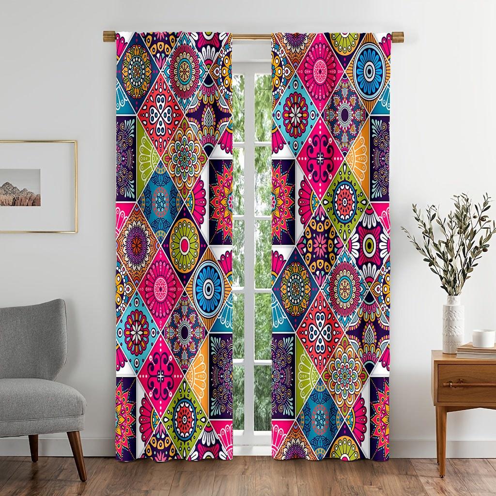 2PCS Bohemian plaid curtains with pole bag design   protecting privacy   suitable for various decorative scenes