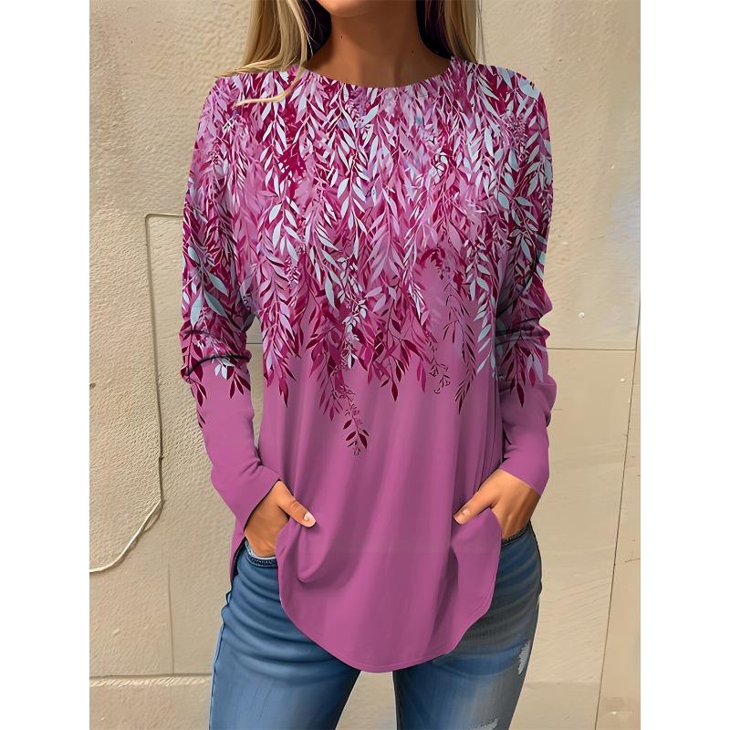 2025 Women's T shirt Tee Floral Print Long Sleeve Basic Sweatshirt Fashion Round Neck Regular Fit Floral Painting