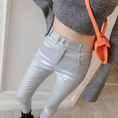 Yousheng Artificial Leather Leggings High Waist Button Closure Matte Elastic Pencil Pants with Pockets Solid Color Fleece Lining Winter Pants