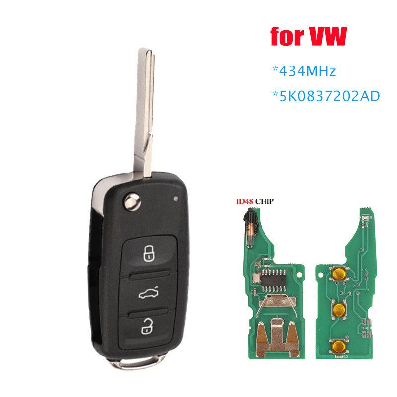 

Car Remote Key 3 Button Remote Flip Key 434MHz ID48 Chip for VW Volkswagen GOLF PASSAT Tiguan Polo Jetta Beetle Car 5K0837202AD Full remote key
