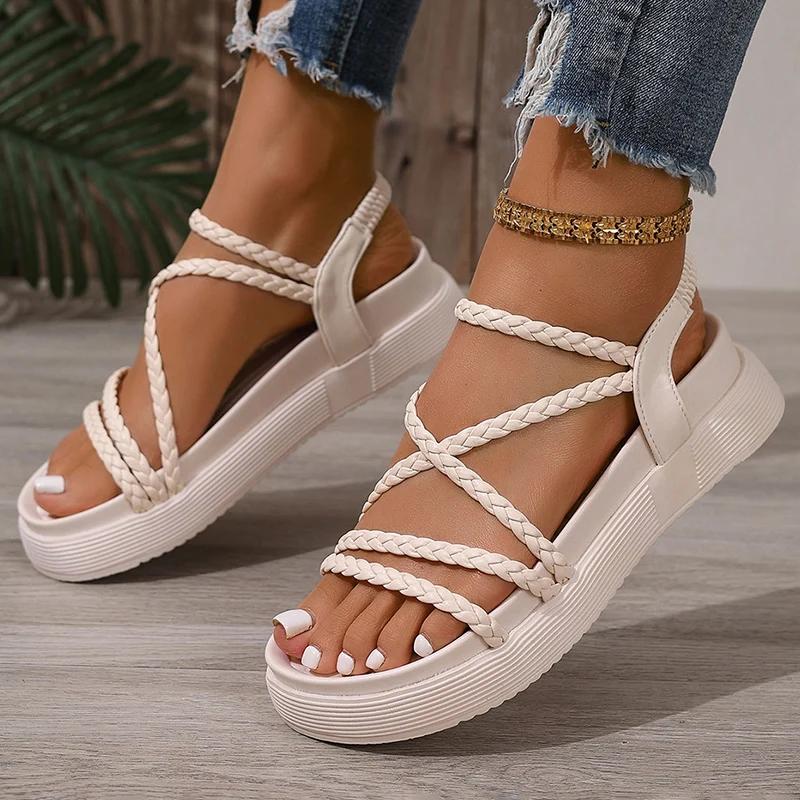 Fashion 2025 Summer Thick Bottom Woven Sandals Women Comfortable Slip On Platform Sandles Woman Casual Non Slip Gladiator Sandals Female