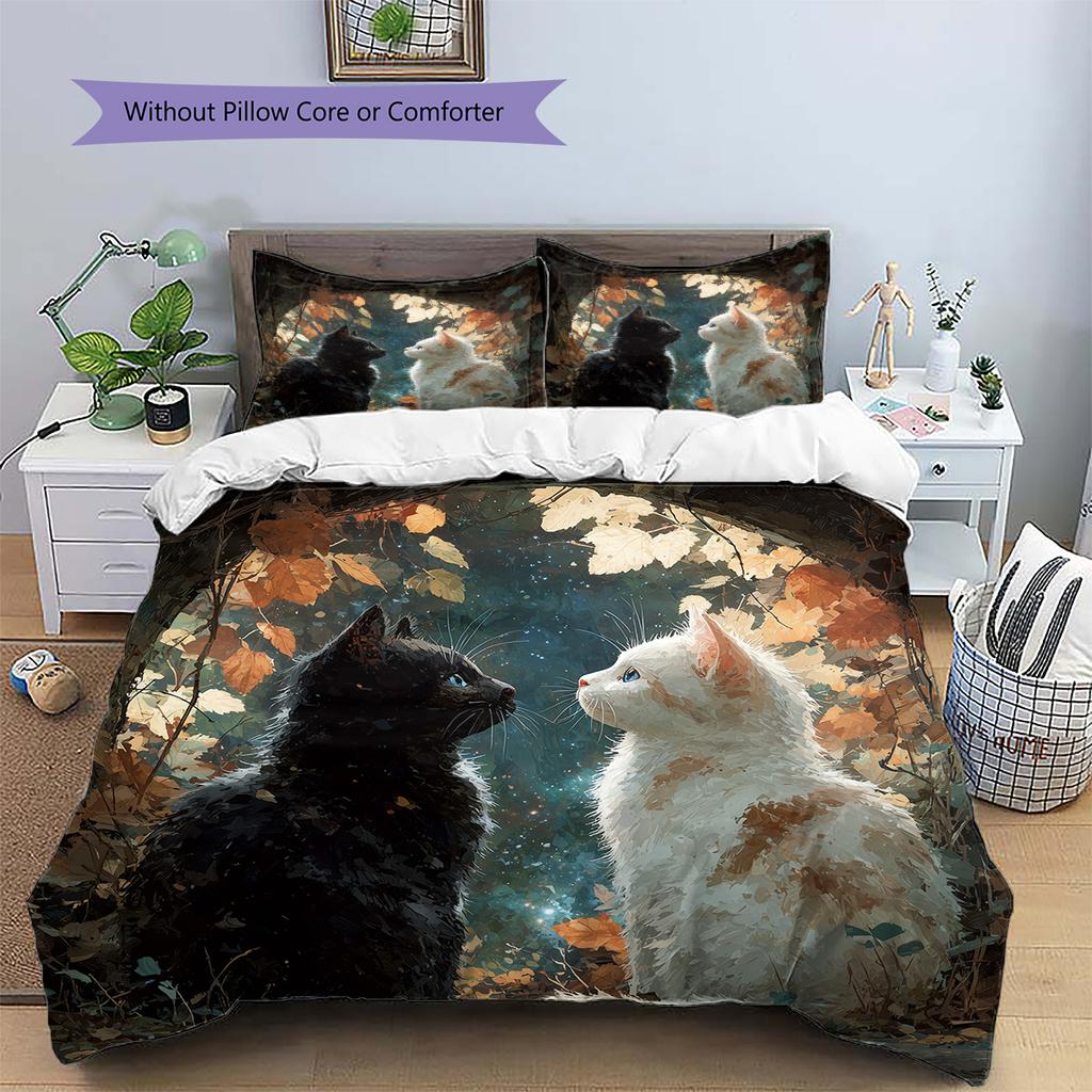 Leaf Cat Pattern Bedding Quilt Set Home Decoration Gift (1 * duvet cover + 2 * pillowcase without core)