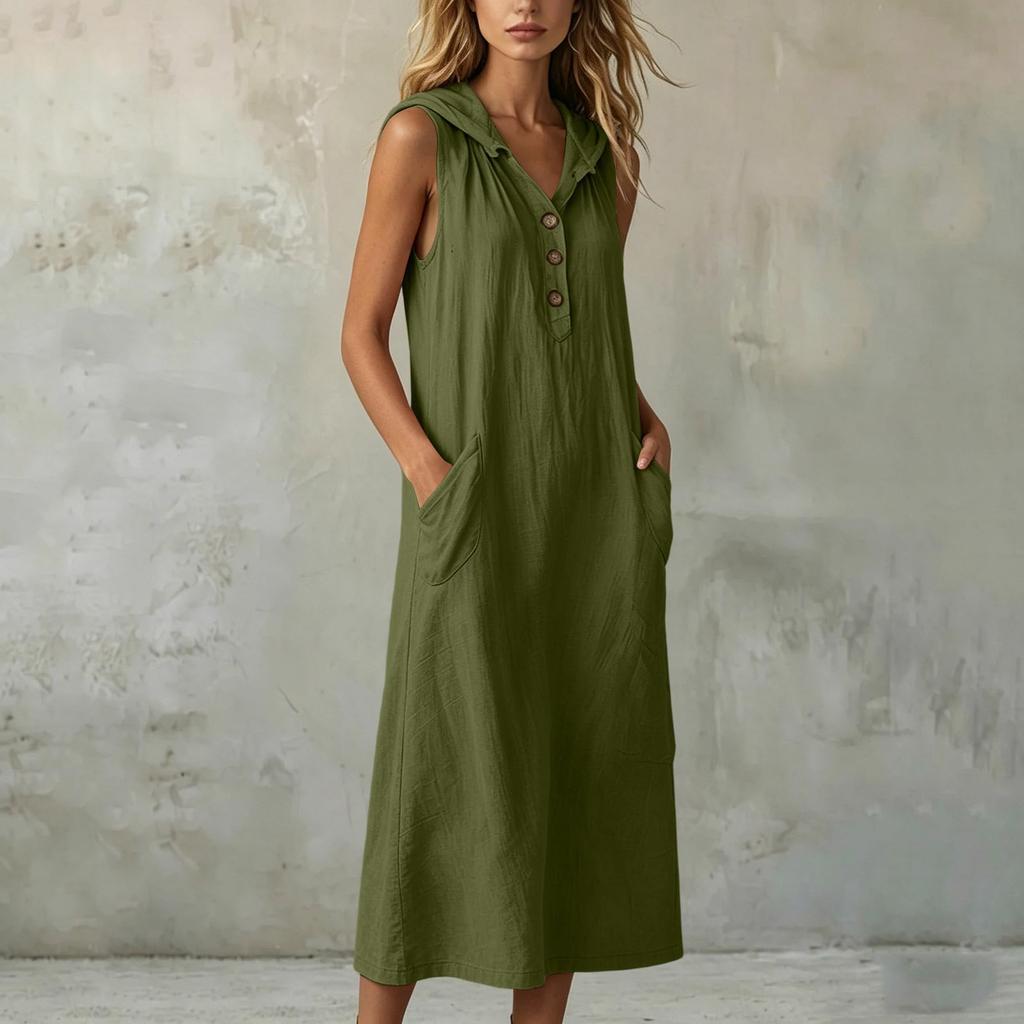 Women's Fashion Color Hooded Buttoned Pocket Sleeveless Casual Loose Dress