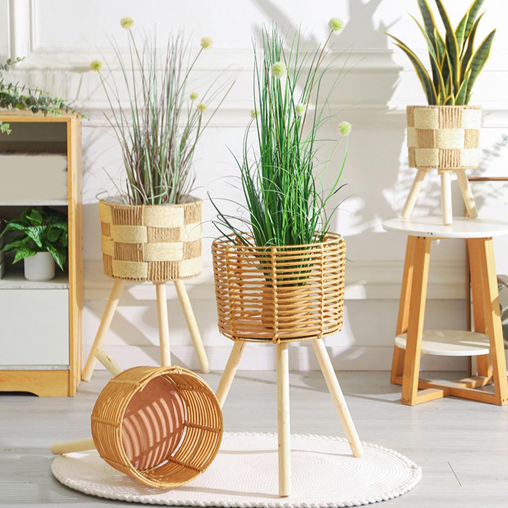 Rattan Indoor Plant Stand Handwoven Flowerpots Stool with Legs Floor Planter Basket Rack Plant Shelf for Garden Home