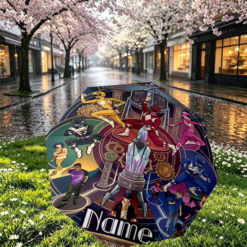 Custom Name Personalized Power Rangers Print Umbrella, Auto Open Close, 8‑Rib Sturdy Frame, Commute Camping Hiking Use, Birthday Gift