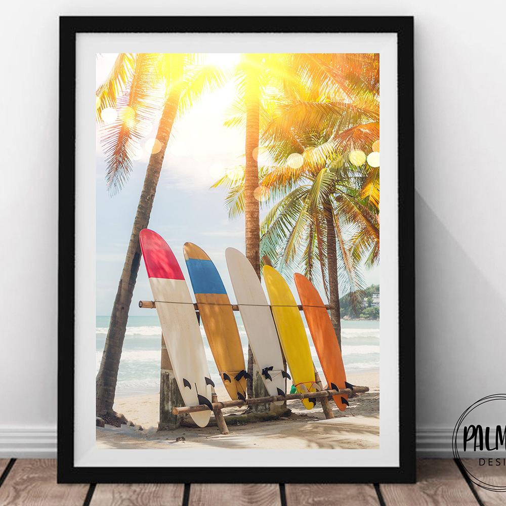 Yellow Beach Digital Wall Art Surf Modern Ocean Surf Prints Sea Palm Planks Wall Art Poster Canvas Painting Decoration