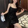Sequin Sparkle Spaghetti Strap Dress - Glamorous Waist-Cinching Party Skirt