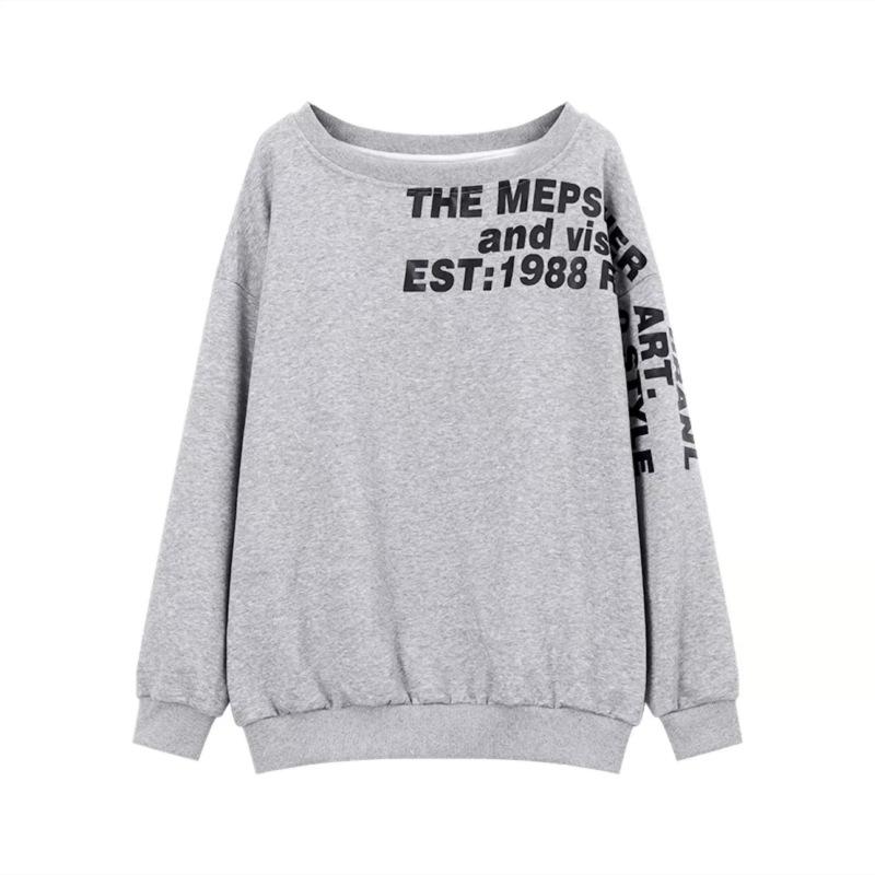 Off-the-shoulder Retro Printed Letter Long-sleeved Sweater Women's Autumn New Niche Slanted Shoulder Irregular Loose and Thin Top