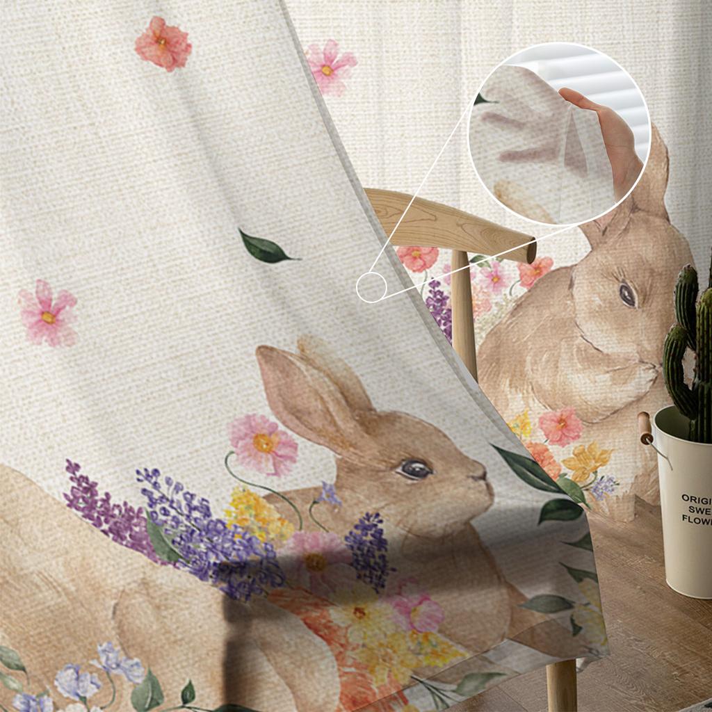 Osterhase Frühling Wildblumen Tüllgardinen für Wohnzimmer Schlafzimmer Voile Transparente Gardine Fenster Heimdeko Vorhänge