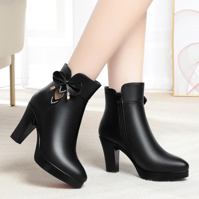Coarse Heel High Heel Short Boots Women's Autumn and Winter New Leather Shoes Large Size New Fashion Boots Waterproof Table Cotton Boots