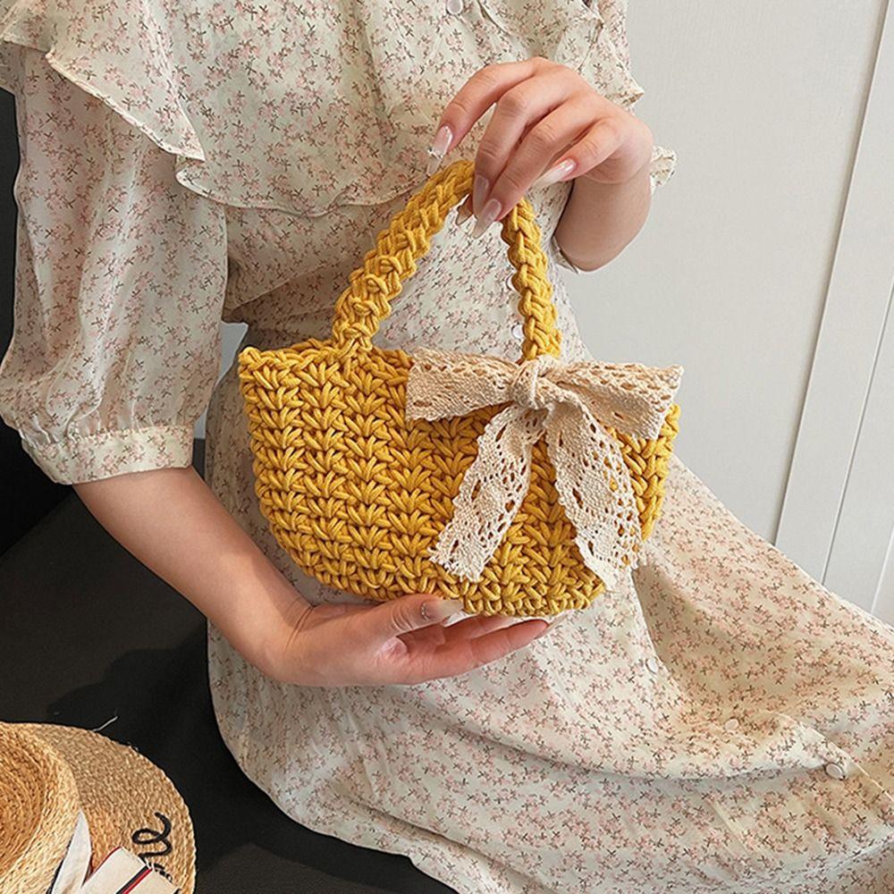 Lace Bowknot Beach Straw Bag Large Capacity Knitted Handbag Braided Underarm Bag  Woman Girls