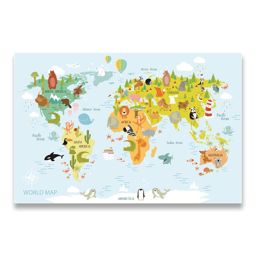 Sea Life Continents Animal World Map Picture Children Poster Nursery Wall Art Canvas Print Painting Baby Kids Bedroom Decoration
