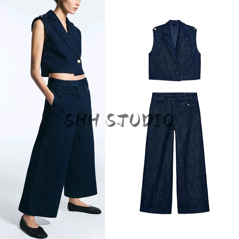 Women's Spring Clothing High Waist Wide Leg Jeans 2412040 Lapel Sleeveless Short Denim Vest 2413040